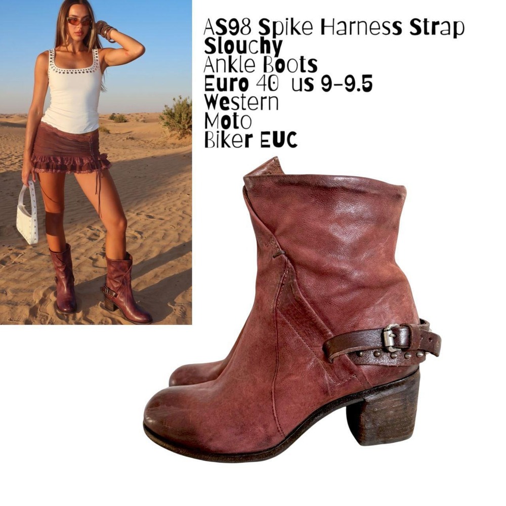 AS98 Spike Harness Strap Slouchy Ankle Boots 9-9.5